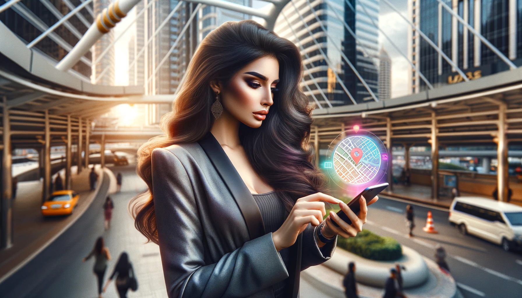 an attractive Arabian woman using a location tracking app on her smartphone in an urban setting