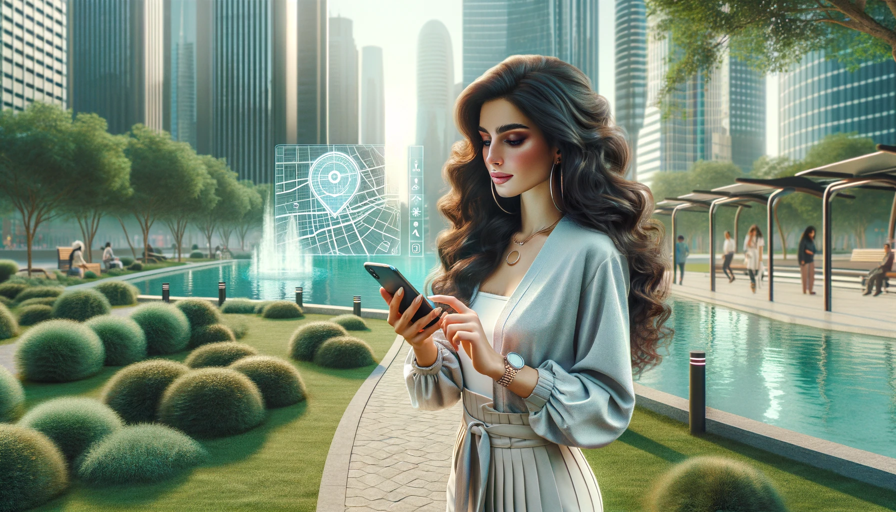 attractive Arabian woman using a location tracking app on her smartphone, this time set in an urban park with greenery and a water fountain.