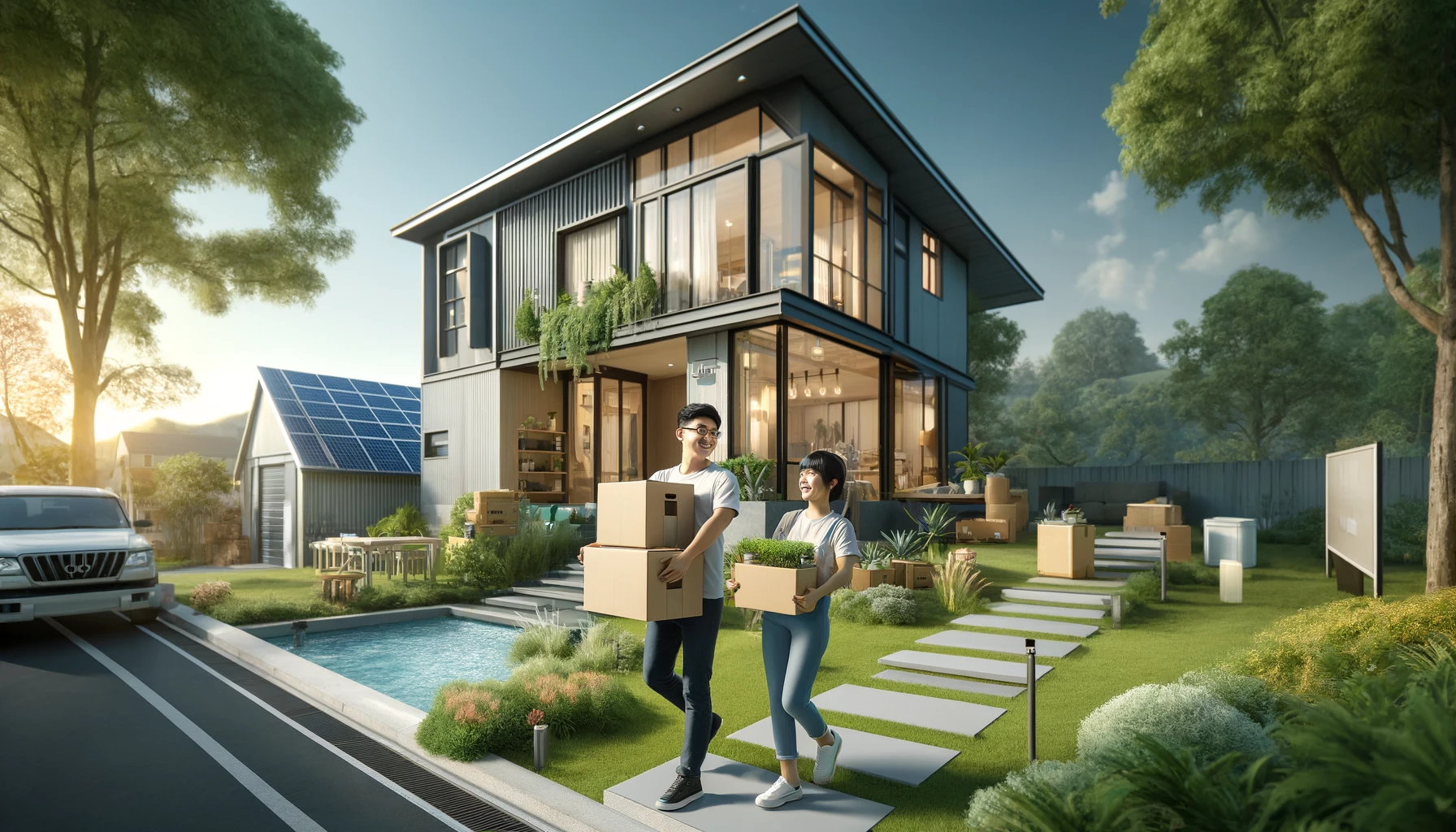 an Asian couple moving into their new modern, eco-friendly house. The panoramic view captures their joyful moment