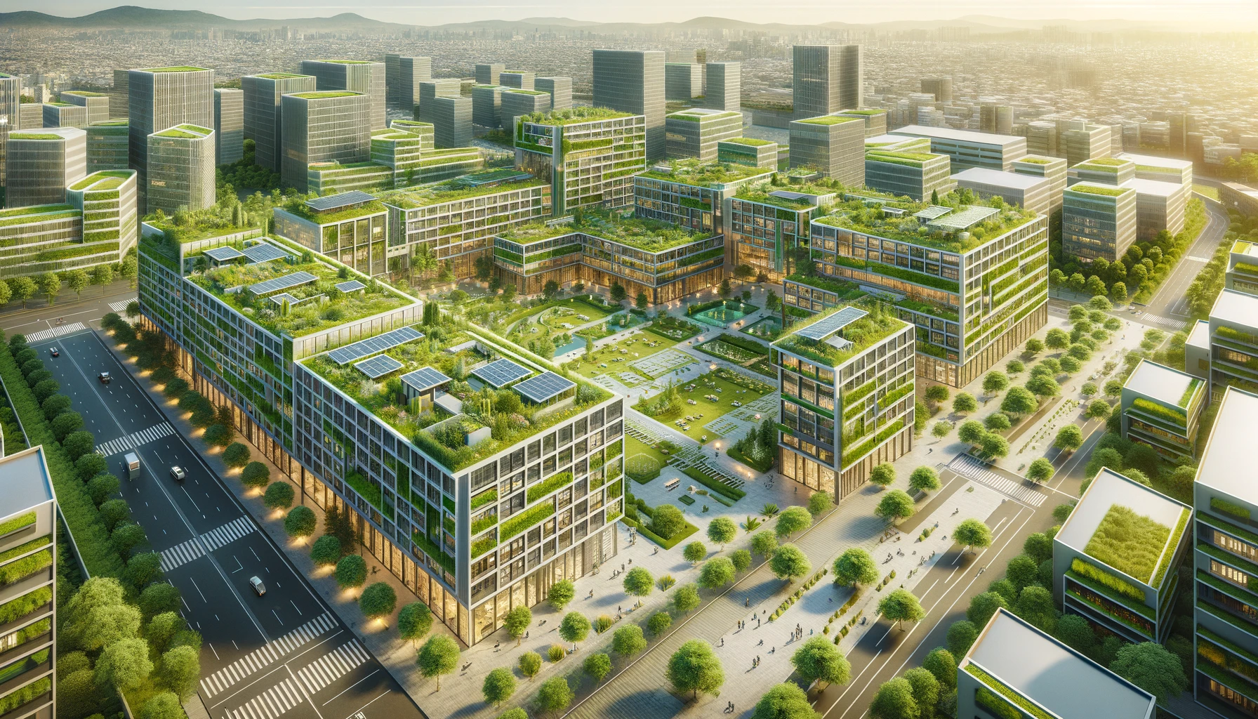 high angle view of a sustainable green office or housing complex