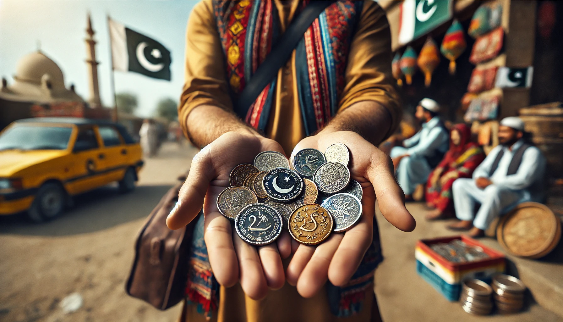 a man holding Pakistani coins in both hands, displaying the coins up close.