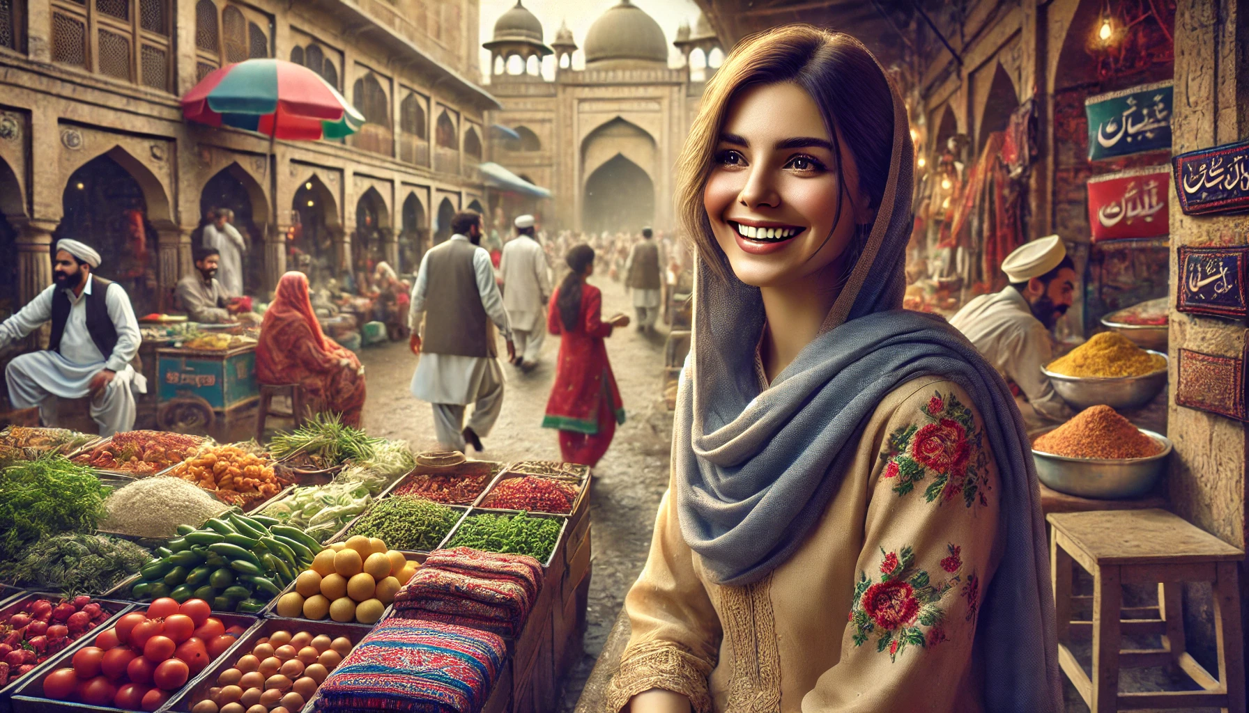a smiling woman in a bustling Pakistani market.