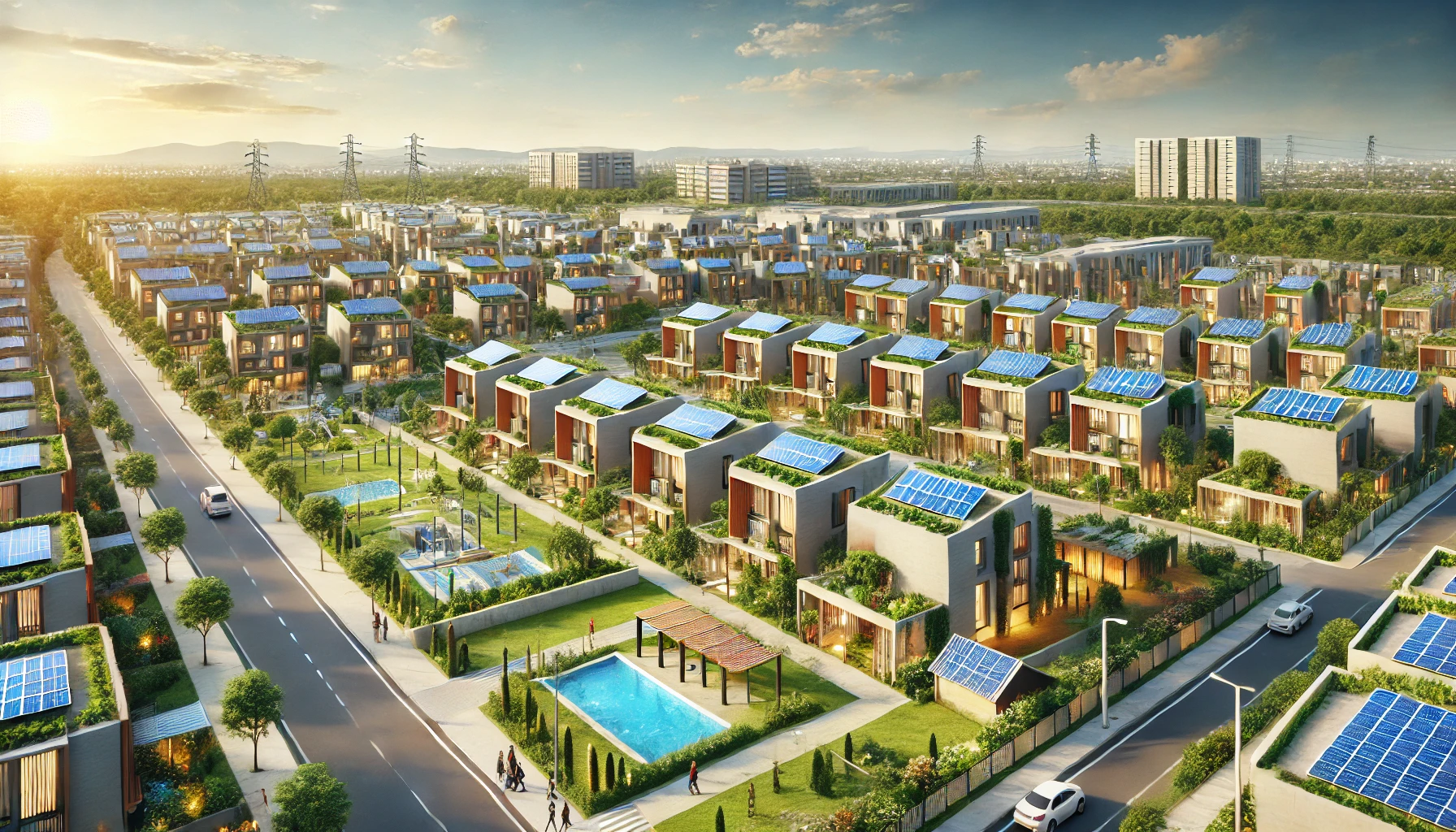 a smart, eco-friendly housing district in Pakistan, showcasing modern residential buildings surrounded by green spaces and advanced infrastructure.