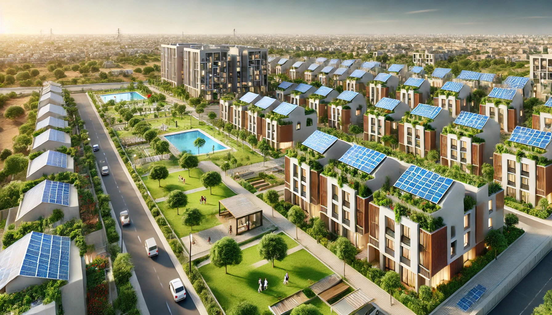 an innovative housing district in Pakistan with modern, eco-friendly residential buildings and integrated smart living features.
