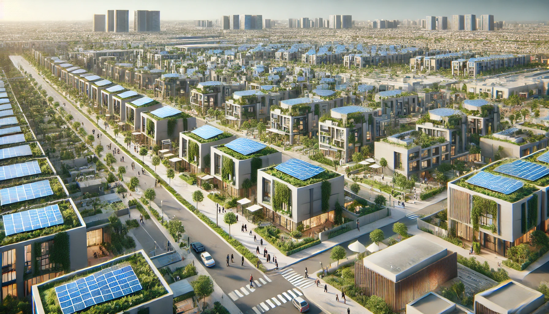 a modern, future-ready housing district in Pakistan, highlighting eco-friendly residential buildings with glass facades, rooftop solar panels, and expansive green areas.