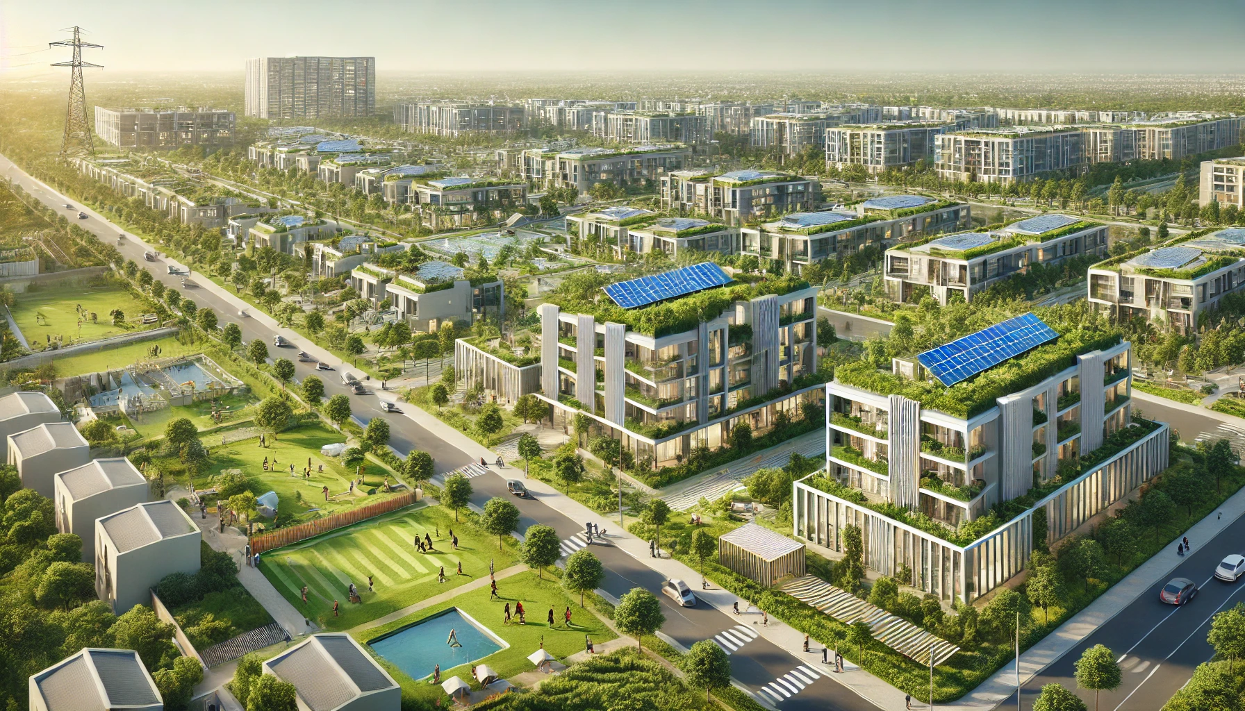 a modern, future-ready housing district in Pakistan, highlighting eco-friendly residential buildings with glass facades, rooftop solar panels, and expansive green areas.
