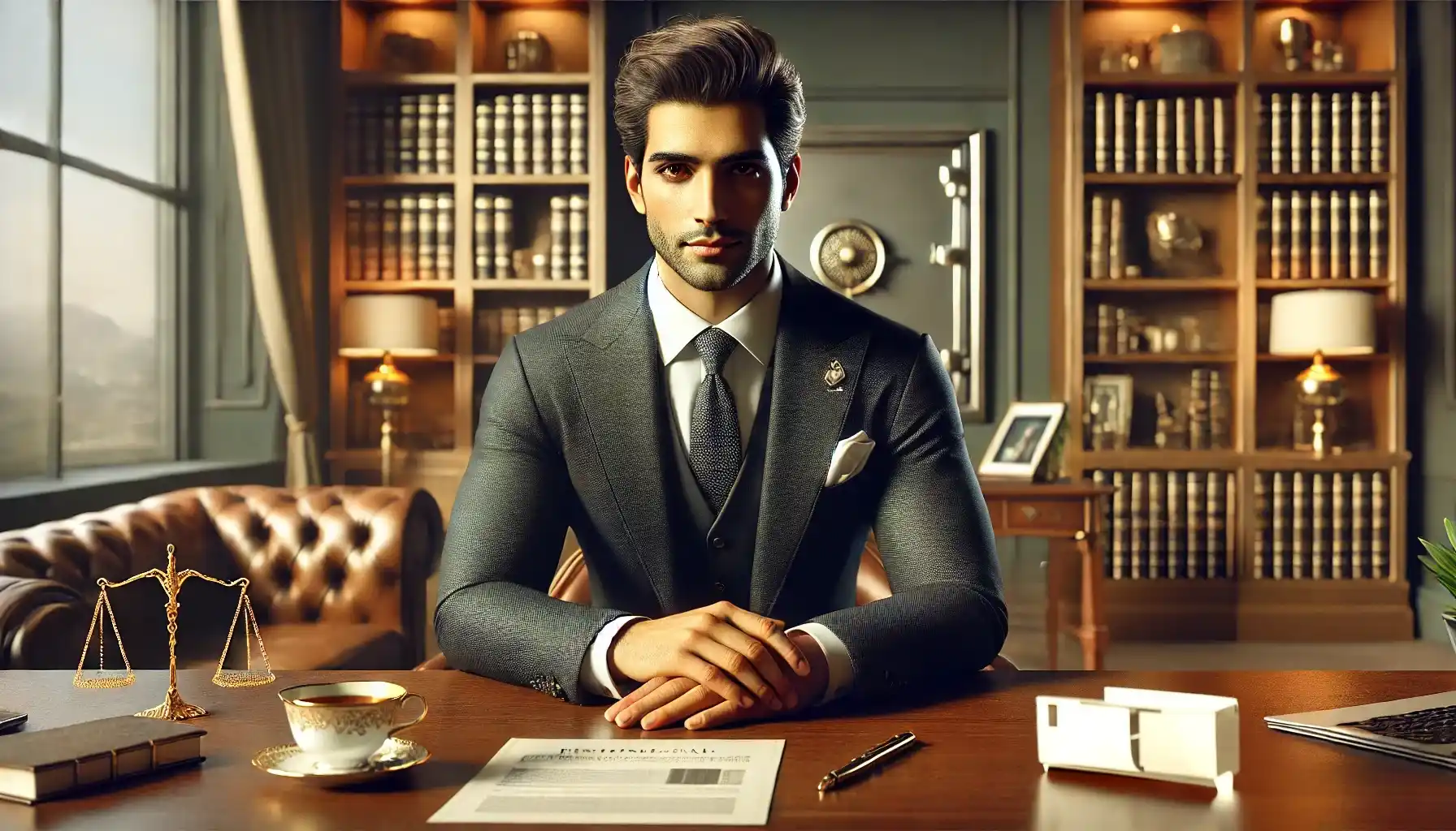 A wealthy Pakistani businessman is working at an elegant modern workroom desk, adding wealth.