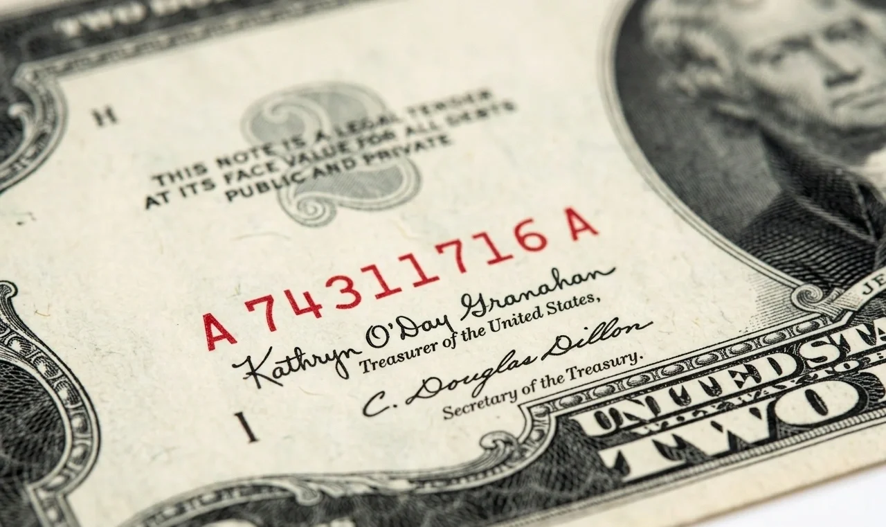 Macro image of a $2 bill showing serial number and signatures